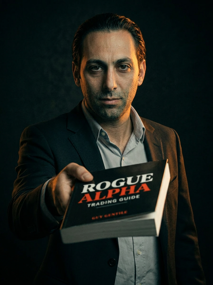 Guy Gentile — The Stock Operator, holding the ROGUE ALPHA strategy guide
